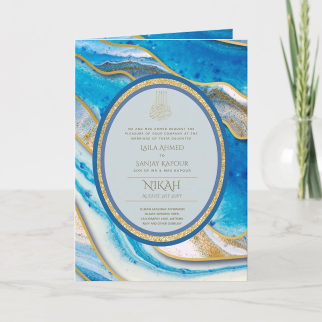 LeahG Blue Islamic Wedding lädt Nikah ein Karte (Vorderseite)