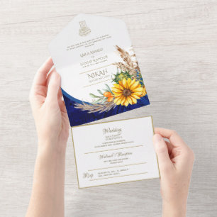 LeahG Blue Sunflower Floral Islamische Hochzeit All In One Einladung