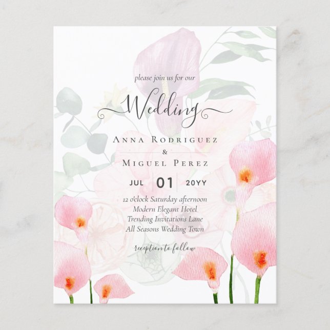 LeahG Blush Pink Calla Lily Wedding Einladung Flor Flyer (Vorne)