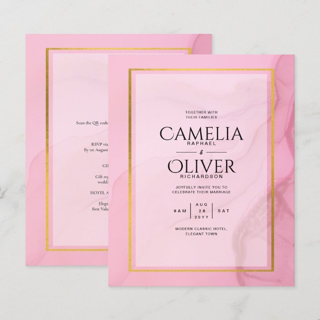 LeahG Blush Pink Gold INK Ombre Wedding INVITE (Vorne/Hinten)