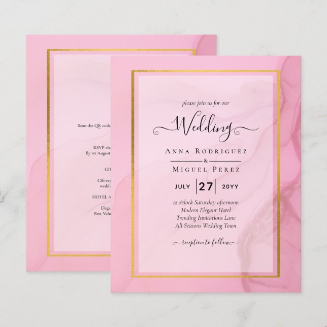 LeahG Blush Pink Gold INK Ombre Wedding INVITE (Vorne/Hinten)