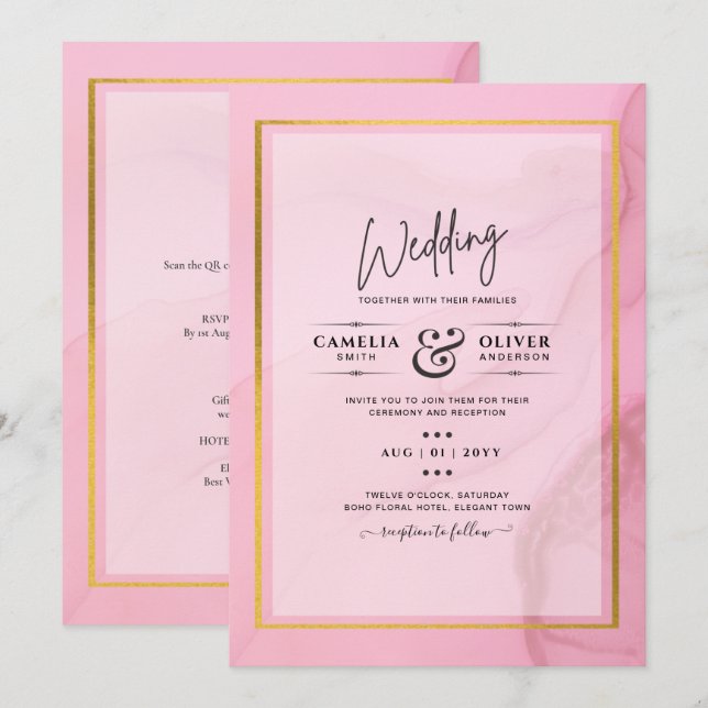 LeahG Blush Pink Gold INK Ombre Wedding INVITE Einladung (Vorne/Hinten)