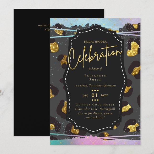 LeahG Budget Glam Chic Brautparty Unicorn Gold Einladung (Vorne/Hinten)