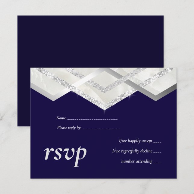 LeahG Budget Navy Silver Deko Wedding RSVP Einladungspostkarte (Vorne/Hinten)