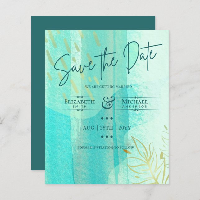 LeahG BUDGET Save the Date Aquamarin Gold Watercol (Vorne/Hinten)