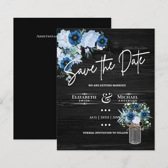 LeahG BUDGET Save the Date Black Blue Floral (Vorne/Hinten)