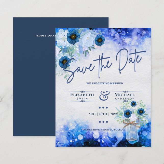 LeahG BUDGET Save the Date Blue Floral Watercolor (Vorne/Hinten)