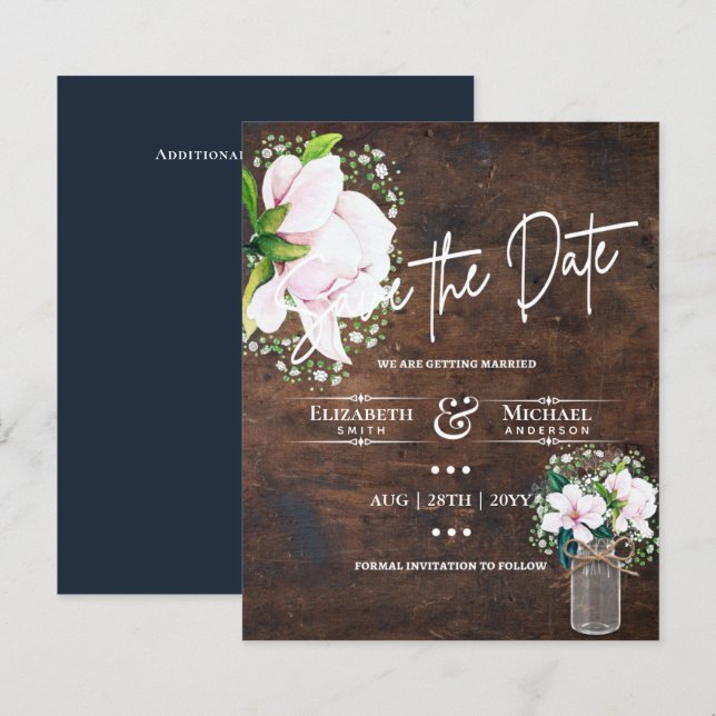 LeahG BUDGET Save the Date Rosa Magnolias (Vorne/Hinten)