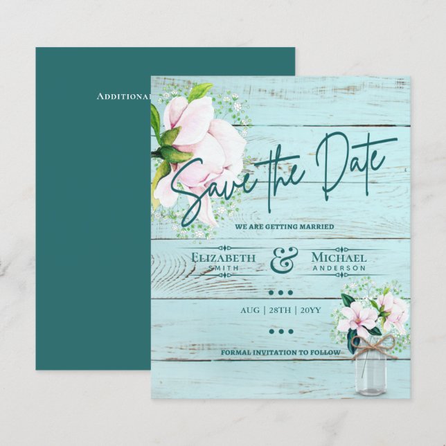 LeahG BUDGET Save the Date Rosa Magnolias Aquamari (Vorne/Hinten)