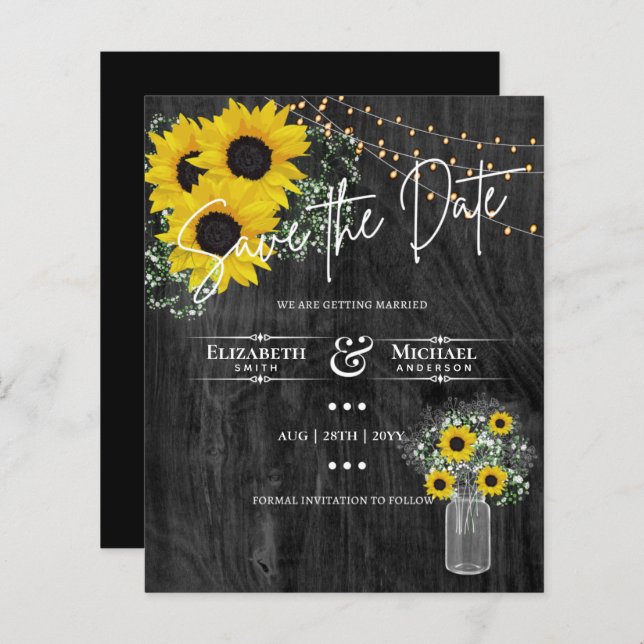 LeahG BUDGET Save the Date Schwarze Sonnenblumen (Vorne/Hinten)