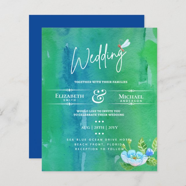 LeahG BUDGET Wedding Invite Garden Pond Wasserfarb (Vorne/Hinten)