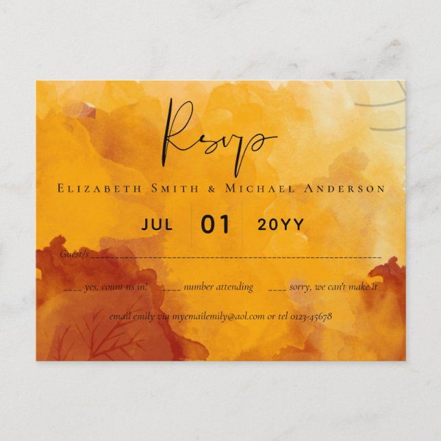 LeahG Budget Wedding Watercolor Sunset Herbstlaube Postkarte (Vorderseite)