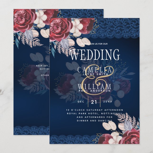 LeahG Burgundy Blue Rose Lace Hochzeit im Herbst E Einladung (Vorne/Hinten)