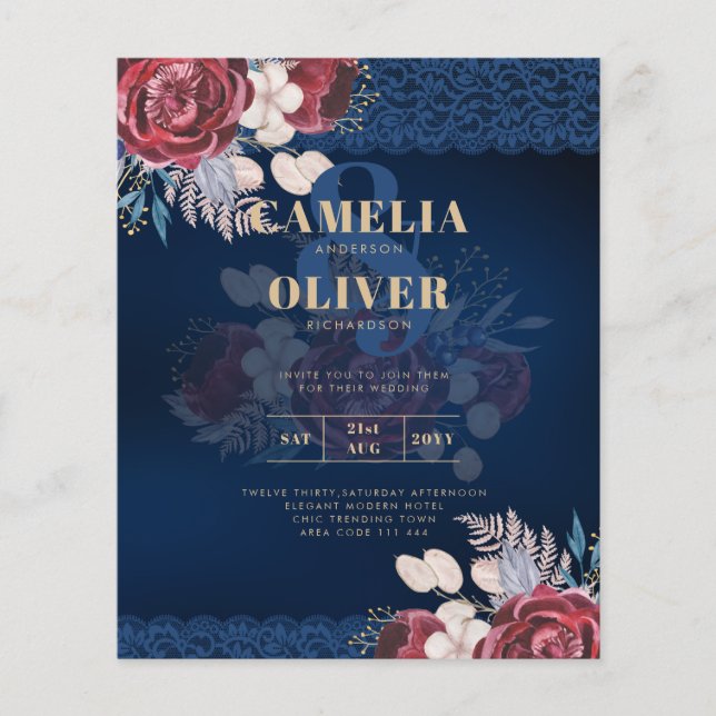 LeahG Burgundy Blue Rose Lace Hochzeit im Herbst E Flyer (Vorne)