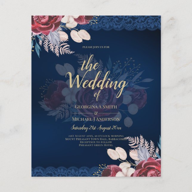 LeahG Burgundy Blue Rose Lace Hochzeit im Herbst E Flyer (Vorne)