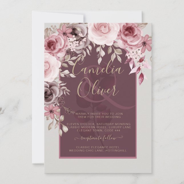 LeahG Burgundy Blush Roses Hochzeit im Herbst Inv. Einladung (Vorderseite)