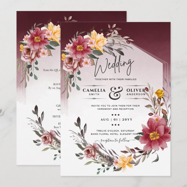 LeahG Burgundy Yellow Floral Wedding Einladung (Vorne/Hinten)