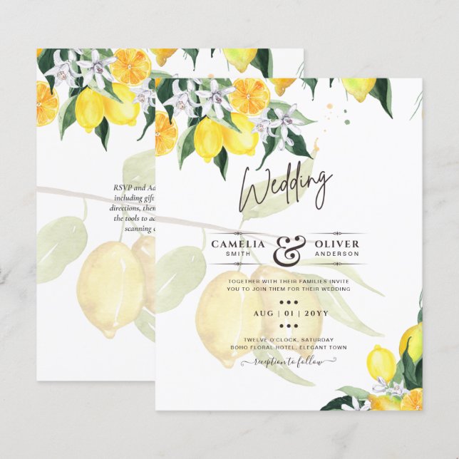 LeahG Citrus Lemons Budget Hochzeit Einladung Gelb (Vorne/Hinten)