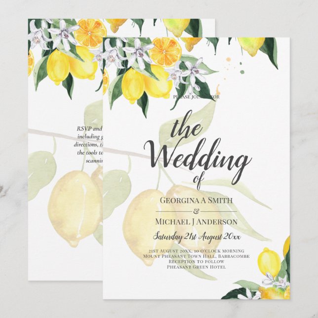 LeahG Citrus Yellow Lemons Wedding Invites (Vorne/Hinten)