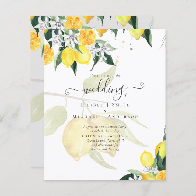 LeahG Citrus Yellow Lemons Wedding Invites (Vorne/Hinten)