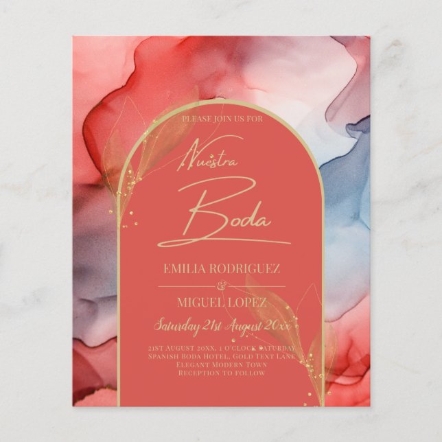 LeahG Coral Navy Blue Gold INK Wedding INVITE (Vorderseite)