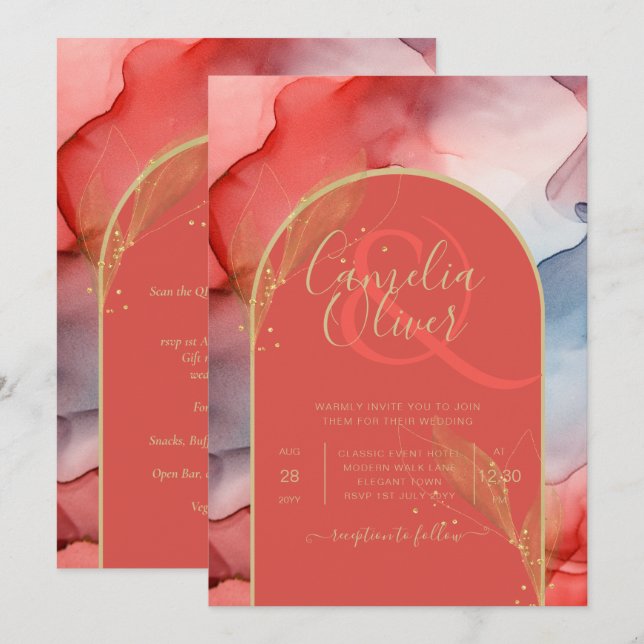 LeahG Coral Navy Blue Gold INK Wedding INVITE Einladung (Vorne/Hinten)