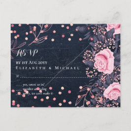 LeahG Denim Blue Rosegold Pink Floral Wedding Postkarte