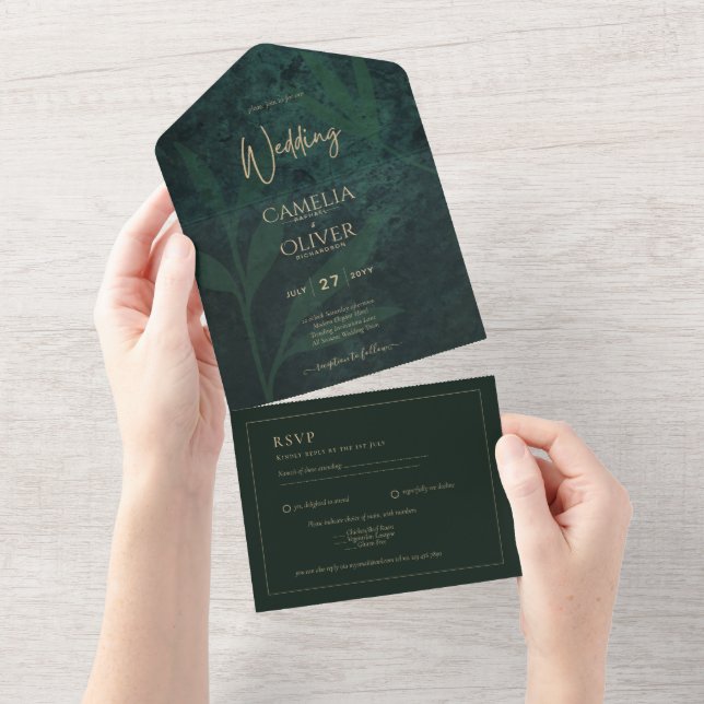 LeahG Emerald Forest Green Gold Wedding Einladung (Abreißen)