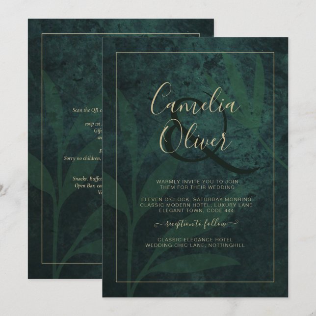 LeahG Emerald Forest Green Gold Wedding Einladung (Vorne/Hinten)