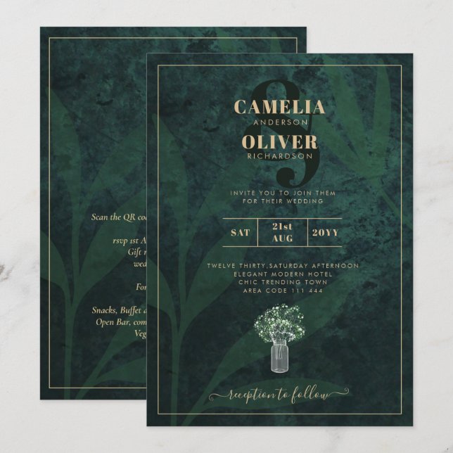 LeahG Emerald Forest Green Wedding INVITE Einladung (Vorne/Hinten)
