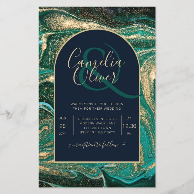 LeahG Emerald Green Gold Agate Wedding Einladung Flyer (Vorne)