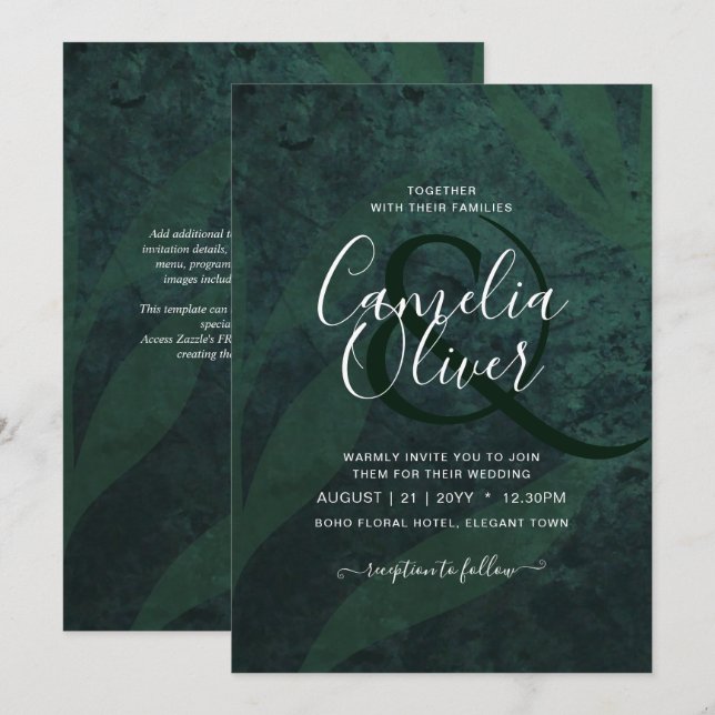 LeahG Emerald Green White Blätter Wedding Einladun Einladung (Vorne/Hinten)