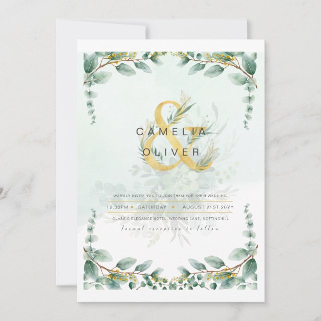 LeahG Eucalyptus Greenery Gold Wedding Einladung (Vorderseite)