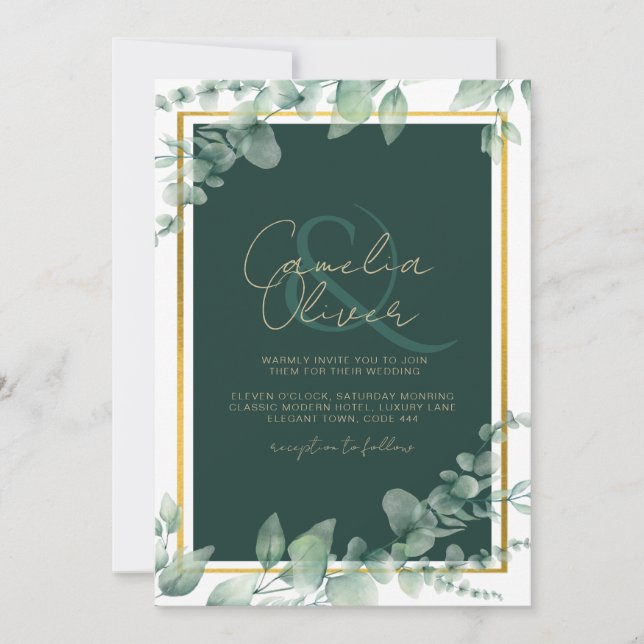 LeahG Eucalyptus Greenery Gold WEDDING QR CODE Einladung (Vorderseite)