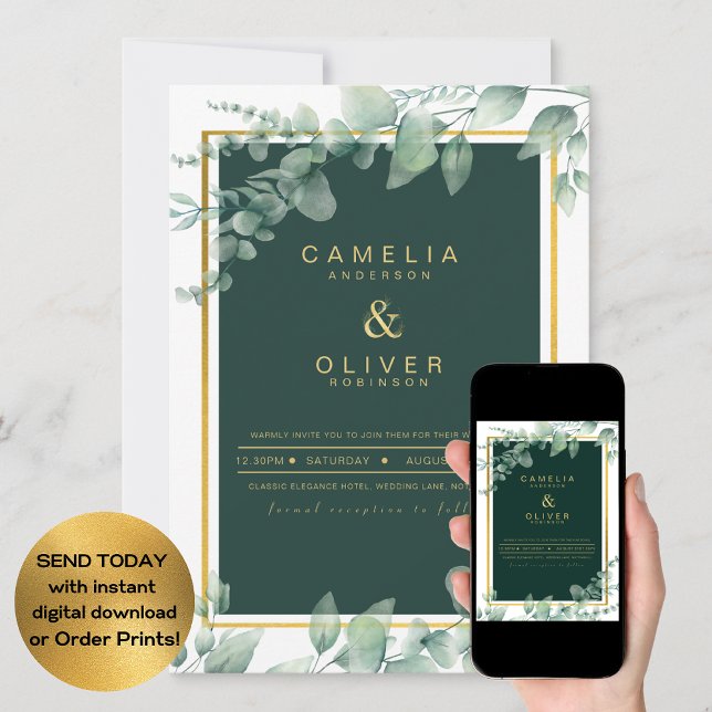LeahG Eucalyptus Greenery Gold WEDDING QR CODE Einladung (Von Creator hochgeladen)