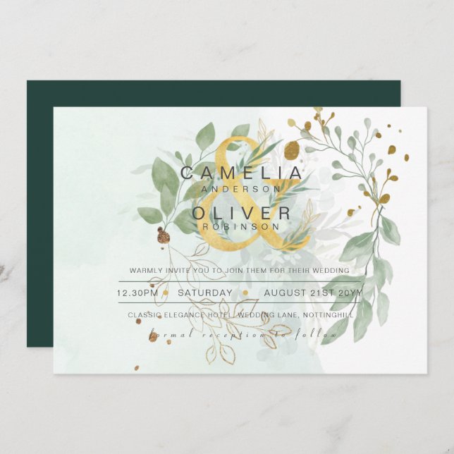 Leahg Eucalyptus Greenery Gold Wedding QR CODE IN Einladung (Vorne/Hinten)