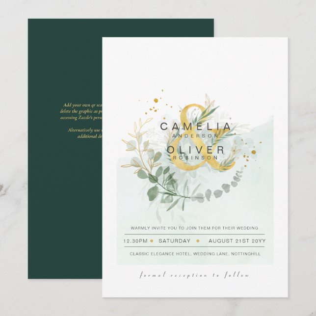 LeahG Eucalyptus Greenery Gold Wedding QR CODE INV Einladung (Vorne/Hinten)