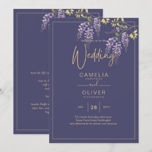LeahG Faire-part de mariage floral WISTERIA or pou