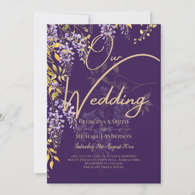 LeahG Faire-Part de Mariage Floral WISTERIA Or Vio (Devant)