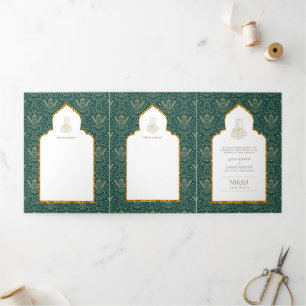 LeahG Green Gold Islamische Hochzeit lädt ein Dreifach Gefaltete Einladung