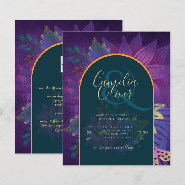 LeahG Green Lila Gold JEWEL TONES Wedding INVITE (Vorne/Hinten)