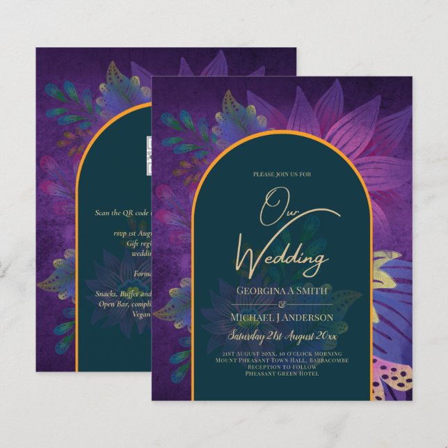 LeahG Green Lila Gold JEWEL TONES Wedding INVITE (Vorne/Hinten)