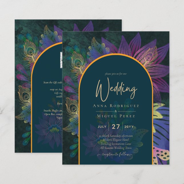 LeahG Green Lila Gold JEWEL TONES Wedding INVITE (Vorne/Hinten)