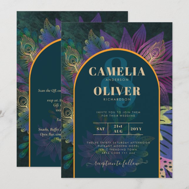 LeahG Green Lila Gold JEWEL TONES Wedding INVITE Einladung (Vorne/Hinten)