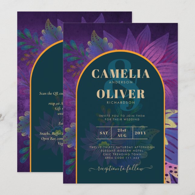 LeahG Green Lila Gold JEWEL TONES Wedding INVITE Einladung (Vorne/Hinten)