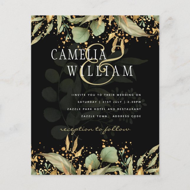 LeahG Greenery Blätter Black Gold Wedding Einladun Flyer (Vorne)