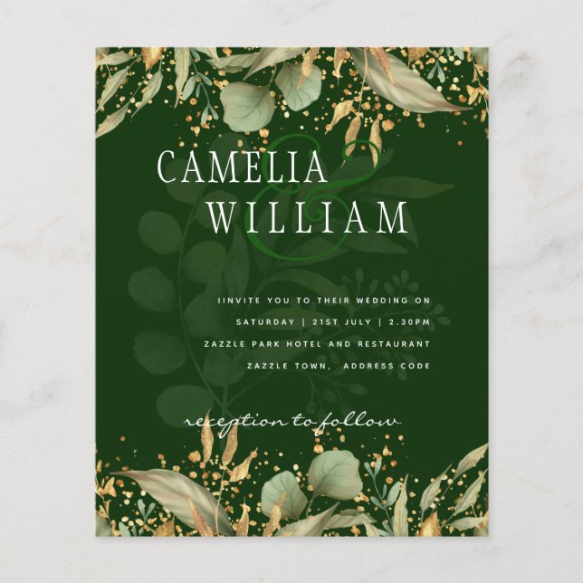 LeahG Greenery Blätter Green Gold Wedding Einladun (Vorderseite)