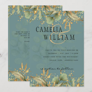 LeahG Greenery Blätter Green Gold Wedding Einladun Einladung