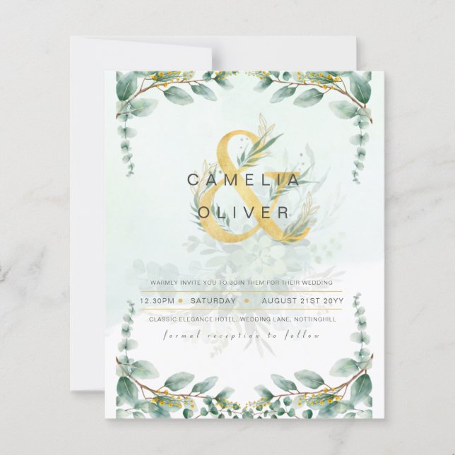 LeahG Greenery Eucalyptus Gold Wedding Invite QR C (Vorderseite)