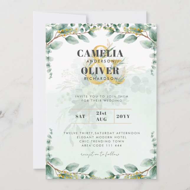 LeahG Greenery Eucalyptus Gold Wedding Invite QR C Einladung (Vorderseite)